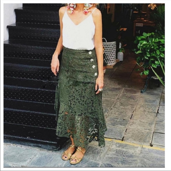Zara lace green asymmetrical side buttons skirt - Picture 7 of 8